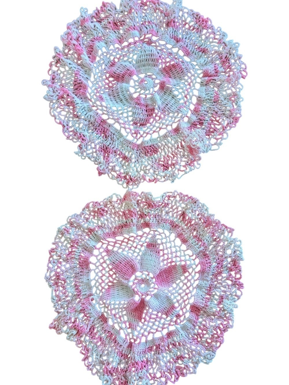 Vintage 9" Hand-Crocheted Ruffled Doilies - Set of 2 Variegated Pink & White